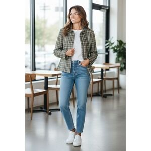 Chicos Foil Tweed Camberra Zip Jacket Gold Size M 8 New Festive Shimmer Holidays